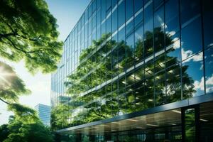 durable verre Bureau bâtiment dans le ville, avec éco amical conception avec carbone réduire des arbres ai généré photo