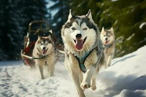 une fougueux rauque chien excelle dans le haute la vitesse sport de traîneau courses ai généré photo