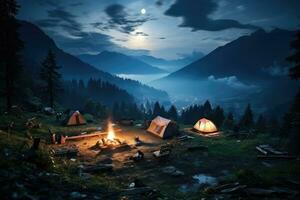 site de camp dans le plage dans le Matin vue La publicité paysage la photographie ai généré photo