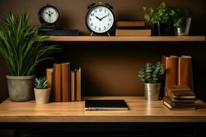 proche en haut de une minimaliste Bureau bureau avec livre et Provisions ai généré photo