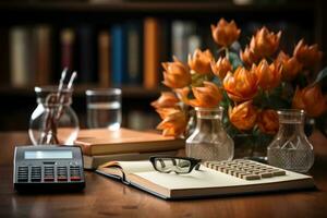 proche en haut de une moderne Bureau bureau avec livre et Provisions ai généré photo