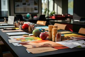 proche en haut de une moderne Bureau bureau avec papier et Provisions ai généré photo