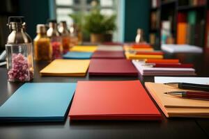 proche en haut de une moderne Bureau bureau avec papier et Provisions ai généré photo