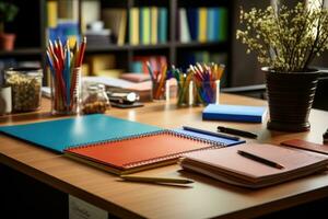 proche en haut de une moderne Bureau bureau avec papeterie et Provisions ai généré photo