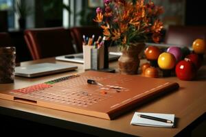 proche en haut de une moderne Bureau bureau avec papeterie et Provisions ai généré photo