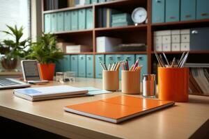 proche en haut de une moderne Bureau bureau avec papeterie et Provisions ai généré photo