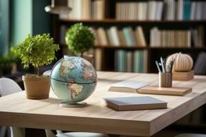 proche en haut de une scandinave Bureau bureau avec livre et Provisions ai généré photo