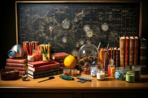 le situation dans le salle de cours Achevée avec une tableau noir ai génératif photo