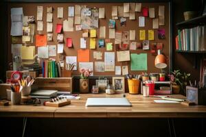 bureau avec les documents et gluant Remarques et Stationnaire professionnel La publicité la photographie ai généré photo