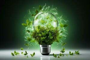 lumière ampoules et plante des graines symboliser une vert énergie écosystème professionnel La publicité la photographie ai généré photo