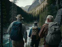 randonnée, aptitude et groupe de copains dans forêt pour aventure, liberté et des sports sur Montagne piste. voyage, retraite et retour de Sénior randonneurs pour exercice bien-être, trekking entraînement. génératif ai photo