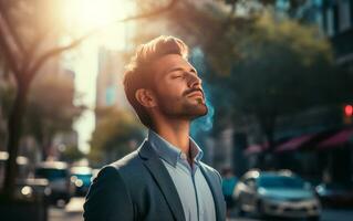 affaires homme respiration Profond dans le ville. marron aux cheveux homme prise une moment à se détendre. ai générativeai génératif photo