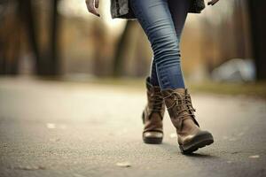 femme dans jeans et bottes en marchant sur l'automne parc. fermer de le pieds. l'automne mode concept, l'automne s'orienter. génératif ai photo