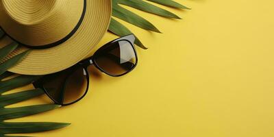 tropical paume feuilles avec paille chapeau et des lunettes de soleil sur Jaune Contexte. vide espace plat poser. Créatif minimal été concept. génératif ai photo