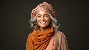 portrait de une magnifique femme dans âge dans l'automne vêtements, l'automne, rouge Jaune et Orange couleurs, ai généré photo