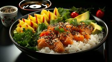 grand assiette de tranché saumon, avocat, fruit et légumes verts. délicieux asiatique cuisine, céto régime, ai généré photo