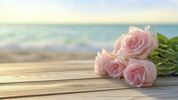 bouquet de rose des roses sur tableau. rose des roses sur une en bois table sur une romantique plage Contexte. génératif ai photo