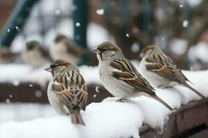 mignonne peu moineaux séance sur une branche dans l'hiver. hiver arrière-plan, animal thème. génératif ai photo