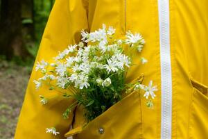 bouquet de blanc fleurs dans Jaune manteau poche, des gamins pluie tranchée manteau avec bouquet de sauvage forêt fleurs photo