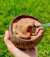 fait maison la glace crème avec banane et cacao, en mangeant à l'extérieur photo