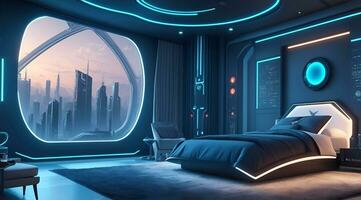 futuriste haute technologie luxe cyberpunk sci Fi vivant pièce moderne intérieur chambre à coucher, ai génératif photo