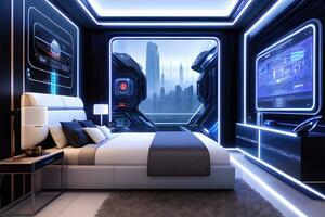 futuriste haute technologie luxe cyberpunk sci Fi vivant pièce moderne intérieur chambre à coucher, ai génératif photo