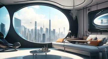 futuriste haute technologie luxe cyberpunk sci Fi vivant pièce moderne intérieur chambre à coucher, ai génératif photo