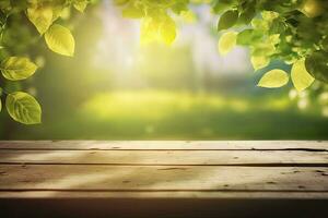 magnifique printemps Contexte avec vert feuilles et vide en bois table dans la nature en plein air.. Naturel endroit avec bokeh et lumière du soleil. pique-nique concept. génératif ai photo