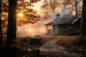 lever du soleil plus de une forêt paysage avec l'automne feuillage ai génératif photo