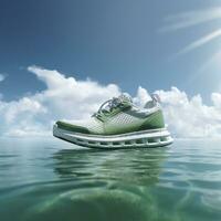 proche en haut vert des sports des chaussures sur une bleu mer niveau avec bleu ciel et blanc des nuages brillant lumière Contexte. Créatif publicité. ai génératif photo