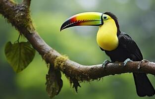 chataîgne mandibulé toucan séance sur le branche dans tropical pluie avec une vert jungle. génératif ai photo