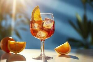 aperol spritz été boisson dans verre avec ombres, tropical Contexte. génératif ai photo