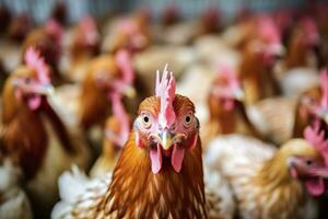 poulet ferme avec beaucoup en bonne santé poulet et Frais œufs, ai génératif photo