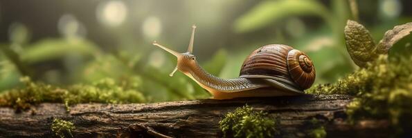 une périple par le forêt. fermer de une escargot dans le forêt avec Naturel Contexte. ai génératif photo