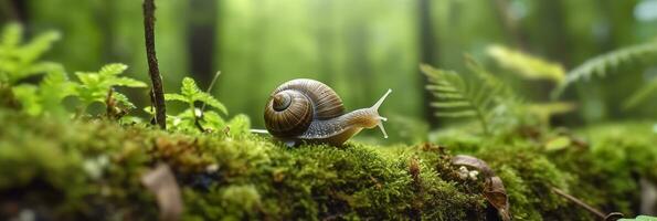 une périple par le forêt. fermer de une escargot dans le forêt avec Naturel Contexte. ai génératif photo