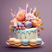 ai génératif anniversaire gâteau avec bougies sur brouiller Contexte photo