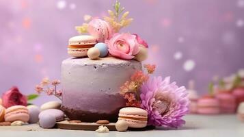 ai génératif anniversaire gâteau avec bougies sur brouiller Contexte photo