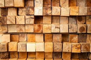 en bois empilés dans une entrepôt, fermer. en bois industriel Contexte photo