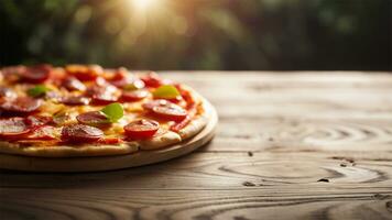 Pizza avec mozzarella fromage, tomates et basilic sur une noir en bois Contexte ai généré photo