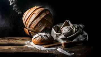 fraîchement cuit levain pain avec sucre poudre sur une noir Contexte. ai généré photo