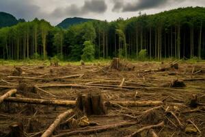 Coupe des arbres forêt, climat changement et environnement concept, ai généré photo