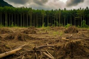 Coupe des arbres forêt, climat changement et environnement concept, ai généré photo