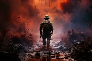 une soldat en marchant sur ruiné zone de guerre ai généré photo