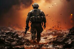 une soldat en marchant sur ruiné zone de guerre ai généré photo
