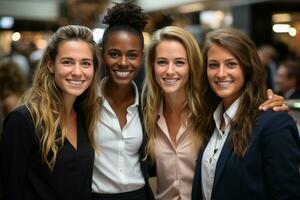 groupe potrait photo de diverse femmes à le Bureau ai généré