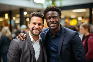 potrait de deux ouvriers souriant après une conférence ai généré photo