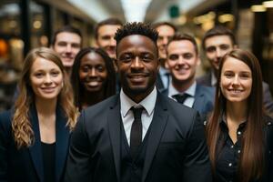 groupe potrait de diverse collègues de travail avec flou Bureau ai fond généré photo