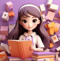 3d illustration de mignonne étudiant fille en portant une livre et graphiques, monde élèves journée images, ai génératif photo