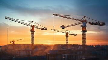 construction grues sur construction site avec coucher de soleil, industriel machinerie Stock Photos, ai génératif photo