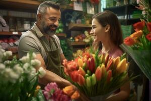 une photo de une Jeune femme travail à une fleur magasin portion une homme choisir une bouquet de fleurs, ai génératif